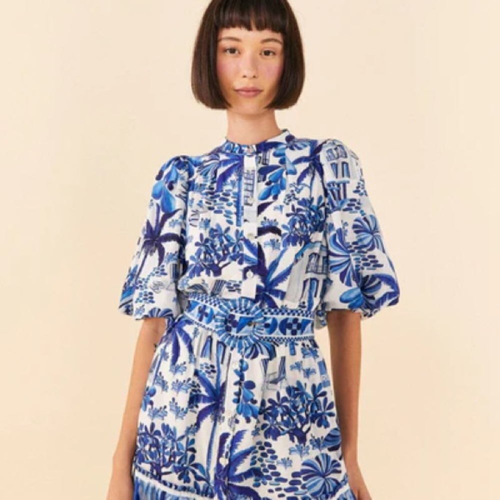 NWT FARM Rio Blue and White Botanical Dress